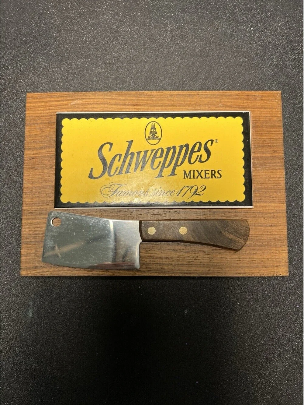 Schweppes 1970s Mixers Promotional Bar Set Mini Cheese Cleaver Wood Plaque, 8x6”